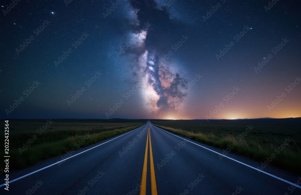 Naklejka premium Empty highway stretches toward starry night sky and milky way galaxy. Asphalt road leads through dark rural field at twilight. Travel and journey concept.