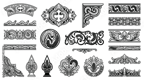 An assortment of antique decorative borders, frames, and ornamental elements for classic design projects, including ornate scrolls and floral motifs
