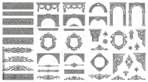 Elegant architectural design elements and decorative ornaments collection, featuring ornate frames, arches, and borders for sophisticated embellishments