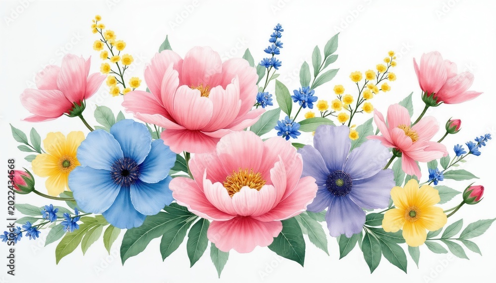 Obraz premium Arrangement of colorful pink blue yellow flowers, green leaves on white background. Beautiful floral composition with watercolor style. Delicate blooms, foliage create charming, artistic botanical
