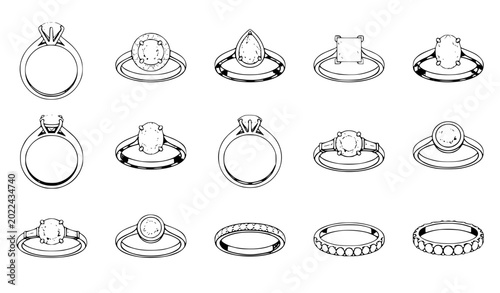 Cuadro en lienzo Luxury engagement and wedding rings vector set with diamond gemstone jewelry ico