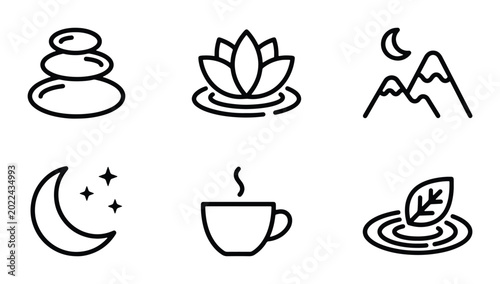 Canvas Print Zen Icons Set: Stacked Stones, Lotus Flower, Mountains, Moon, Coffee Cup, Leaf;