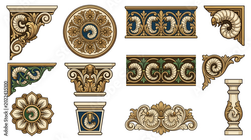 Elaborate architectural decorative elements and ornate embellishments, featuring classical scrollwork and floral motifs