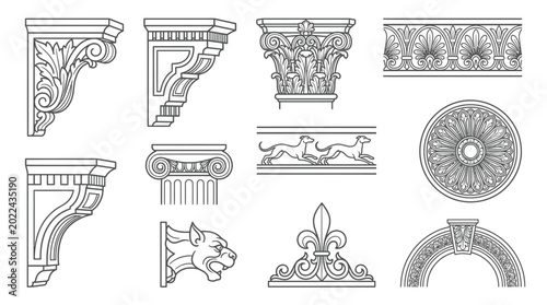 Architectural decorative elements, corbels, capitals, frieze, rosettes, and ornamental details collection