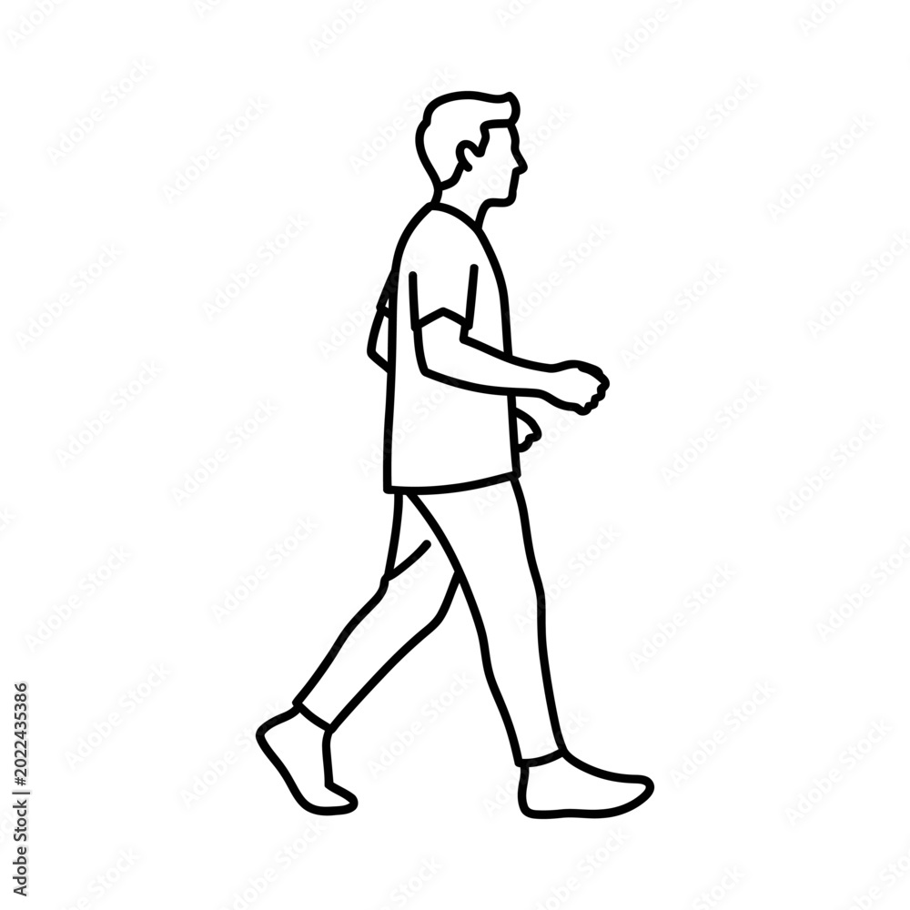 Fototapeta premium Man walking casually in a relaxed pose, wearing a t-shirt and pants, simple line art illustration