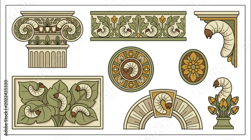 Collection of decorative ornaments and architectural elements, featuring classical motifs and floral designs