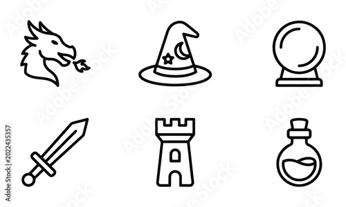 Obraz na płótnie Fantasy Icons Set: Dragon, Wizard Hat, Crystal Ball, Sword, Castle Tower, Potion