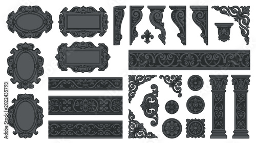 Ornate Decorative Elements in Dark Grey Frames, Borders, Corners, and Columns for Elegant Design Projects
