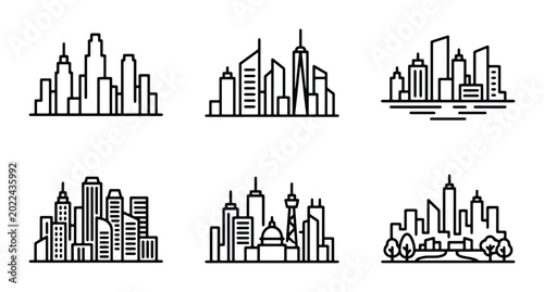 Quadro su tela Modern Cityscape Silhouettes, 6 Minimalist Urban Skyline Vector Icons, Downtown