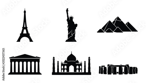 Global Landmarks Silhouette Collection, Iconic Architecture Vector Set, Famous World Monuments, Travel Destination Icons, Historical Buildings Graphics
