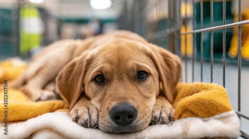 Close-up of a brown dog lying on blanket inside metal cage, looking sad with soulful eyes, shelter animal resting on soft bedding in kennel environment indoors