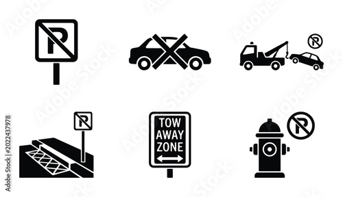 Cuadro en lienzo Parking Prohibition and Tow Away Zone Icons, Vector Set: No Parking Signs, Tow T
