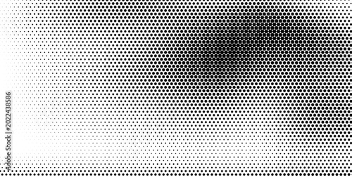 Hexagon halftone gradient texture. Abstract black grunge background. Geometric retro halftone tech wallpaper. Fading wavy hexagonal pattern backdrop. eps 10