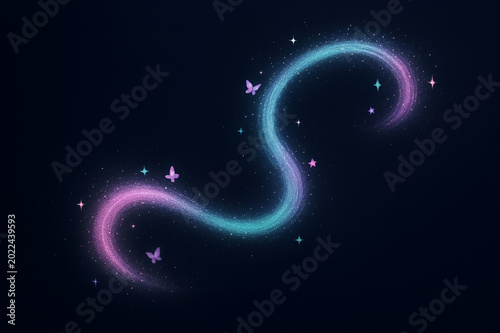 Magical Glowing Pixie Dust Trail with Butterflies and Stars on Dark Background.
