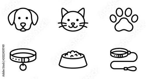 Konstfotografi Minimalist Pet Icons Set: Dog, Cat, Paw Print, Collar, Food Bowl, Leash Vector G