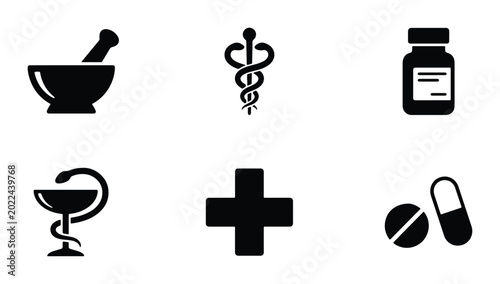 Pharmacy Icons Set, Medical Symbols Collection, Healthcare Graphics, Drug Store Emblems, Pharmaceutical Vector Icons