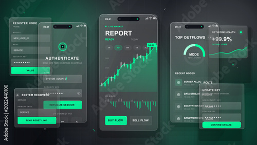 Photos Dark neon mobile app UI kit with authentication forms, market report chart, outf
