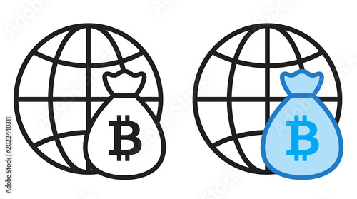 Bitcoin money bag and globe icons in black and blue colors  cryptocurrency concept