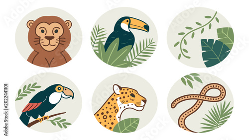 Canvas Print Colorful illustrations of jungle animals faces.