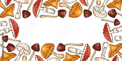 Tableau sur toile Horizontal decorative border with colorful cartoon inedible mushroom, autumn season and forest nature concept