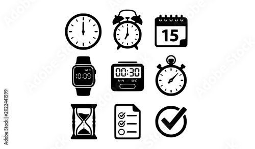 Fotografie Vector Illustration of Time and Schedule Icon Set Including Clocks, Calendar, St