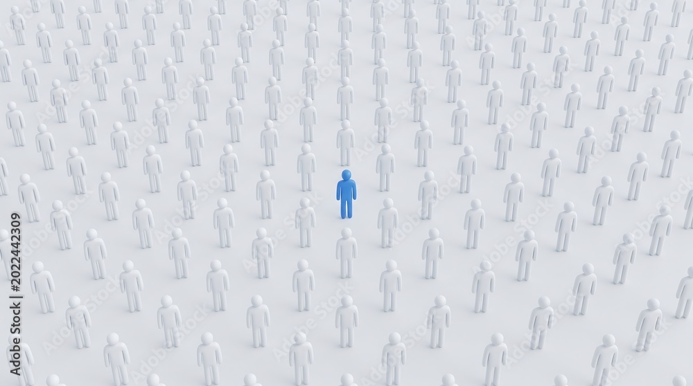 Fototapeta premium One blue human figure standing out from a crowd of uniform white figures representing uniqueness leadership individuality and unconventional thinking in a social or corporate environment