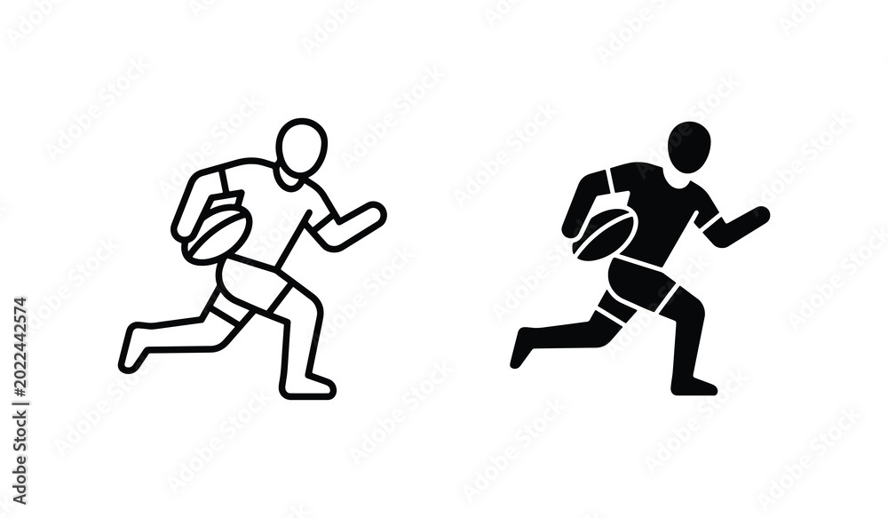 Fototapeta premium Rugby Player Icon Set, Two Styles: Outline and Solid Silhouette, Action Sport Vector Graphics for Game Design and Athletic Branding