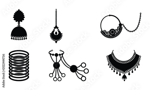 Fotografija Indian Bridal Jewelry Icons Set, Traditional Ethnic Ornaments Collection, Vector