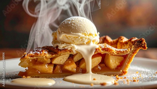 Warm Apple Pie Slice with Vanilla Ice Cream and Drizzled Sauce.