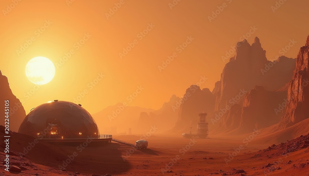 Obraz premium Dome habitat on Mars with terraforming machines under glowing sun. Futuristic red desert landscape with mountains shows space colonization and survival.