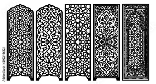 Bild auf Leinwand Decorative black and white Mughal jali vector panels with intricate lattice and