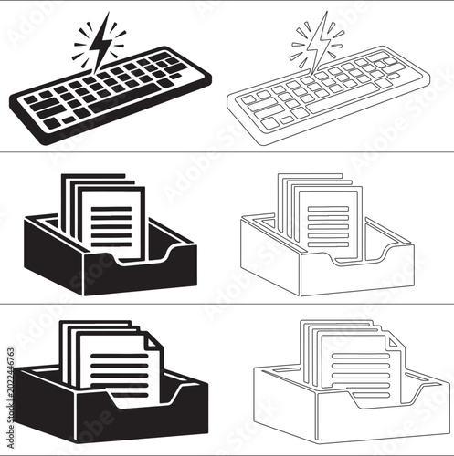 Keyboard and Document Tray Line Icon Set for Office Workspace Technology