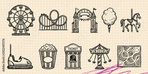 Black ink scribble doodle vector vintage hand drawn set of amusement park circus fair carnival and entertainment ride