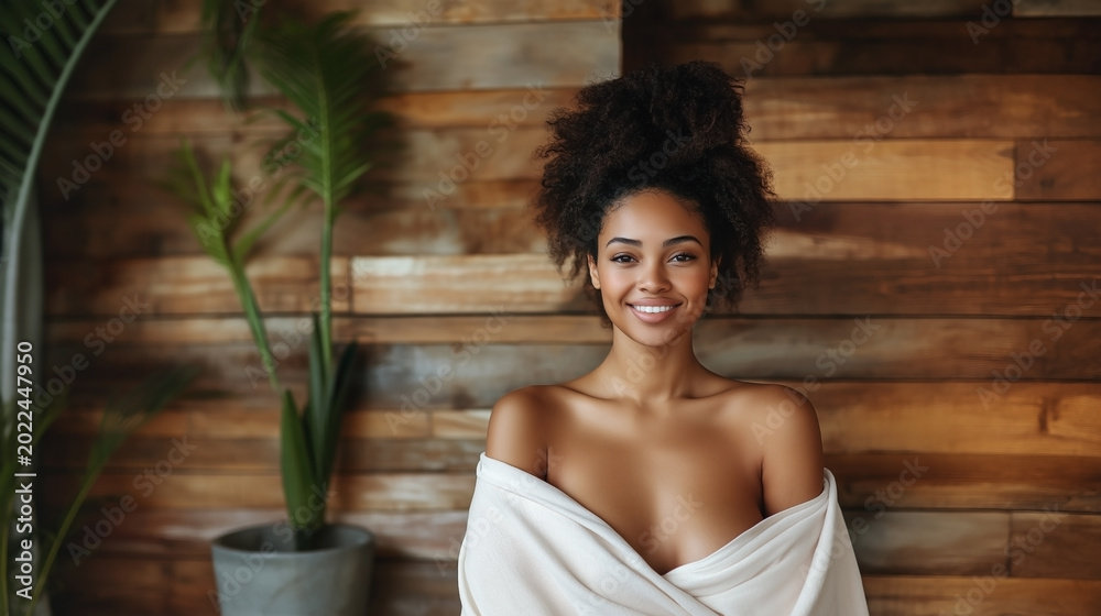 Fototapeta premium Smiling Young Black Woman with Top Knot Hair Bun Against Rustic Wood Wall