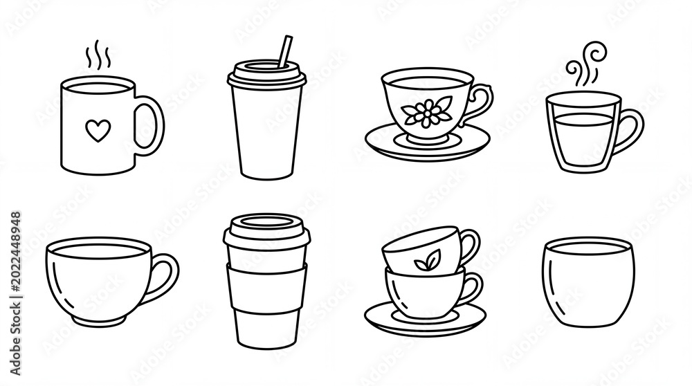Obraz premium Set of various coffee and tea cups illustrated in simple black line art on white background