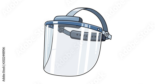 A clear plastic face shield with a blue headband and adjustable strap for personal protection.