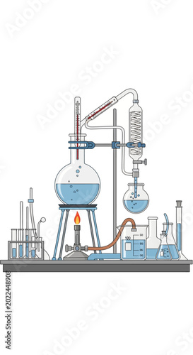 Detailed illustration of a chemistry laboratory setup with distillation apparatus, flasks, beakers, and a Bunsen burner, showing a scientific experiment.