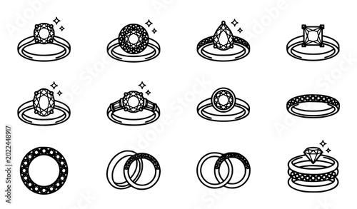Schilderij op canvas Wedding and engagement rings line icon set with diamond gemstone solitaire halo