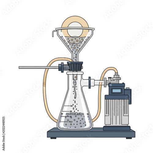 A detailed illustration of a laboratory vacuum filtration setup, showing a Büchner funnel, flask, and vacuum pump for separating solids from liquids.