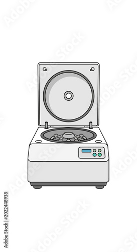 A white laboratory centrifuge with its lid open, showing the rotor and sample holders inside, used for separating substances in scientific experiments.