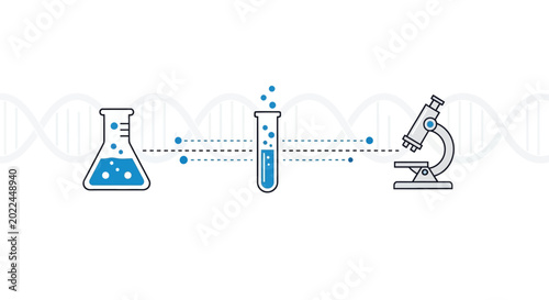 Scientific research process illustration with laboratory glassware and microscope, featuring DNA background.