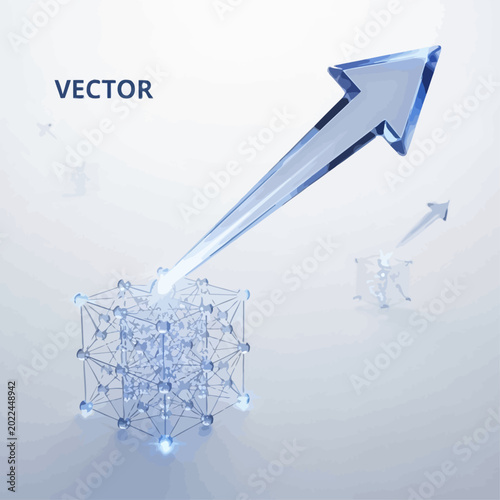 Abstract 3D render of a glowing blue crystal cube with an upward-pointing arrow, symbolizing data, growth, and technological advancement.