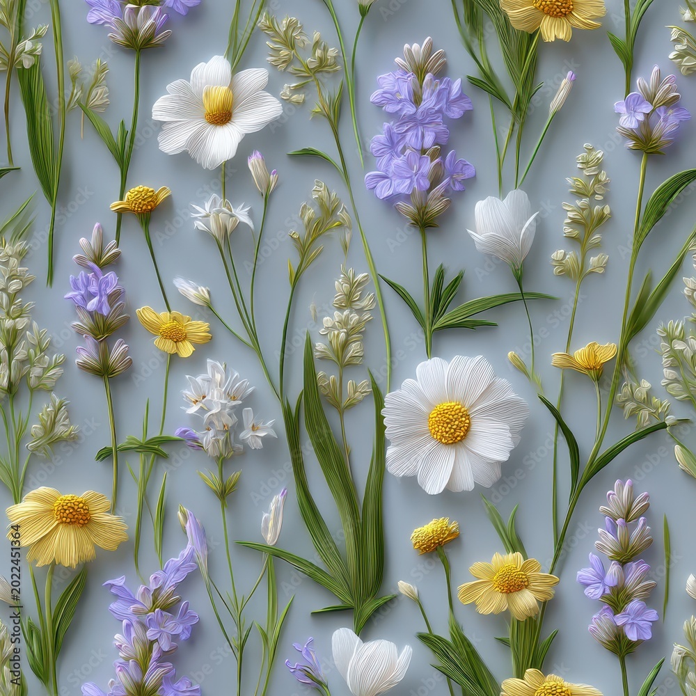 Fototapeta premium White embossed floral texture with delicate plants, decorative pattern, minimal design, elegant background. SEAMLESS PATTERN