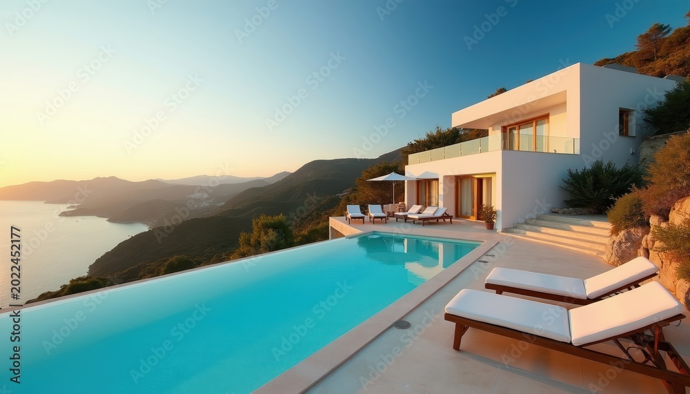 Fototapeta premium Luxury villa with infinity pool overlooks sea and hills. White modern house has lounge chairs on patio. Sunrise paints sky with soft colors, creating serene atmosphere for vacation.