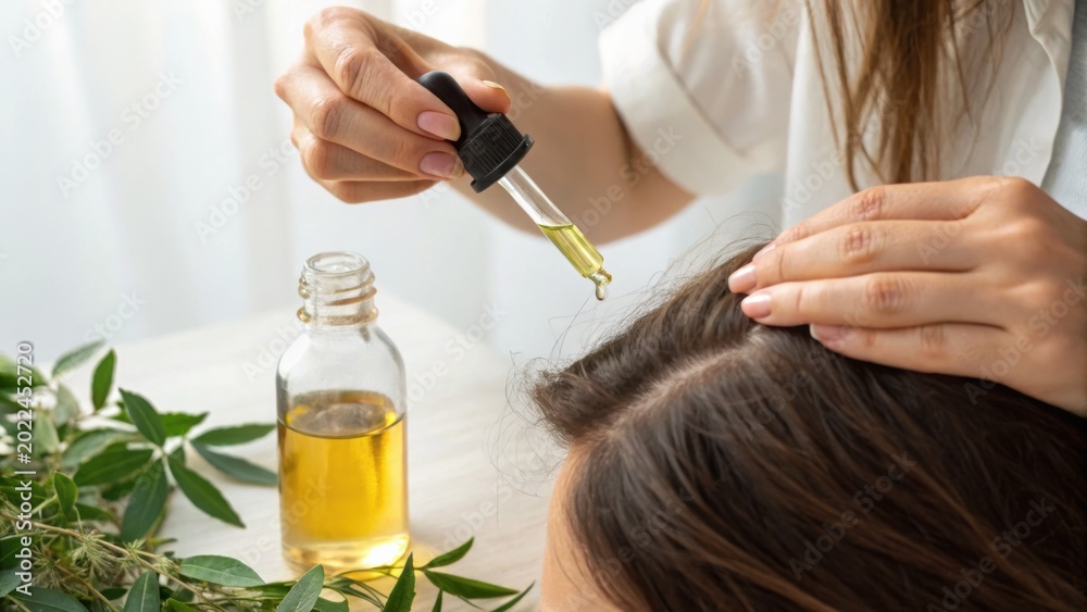 Fototapeta premium A person applies essential oil with a dropper onto the scalp, promoting hair care and natural treatment in a bright, clean setting with green leaves nearby.