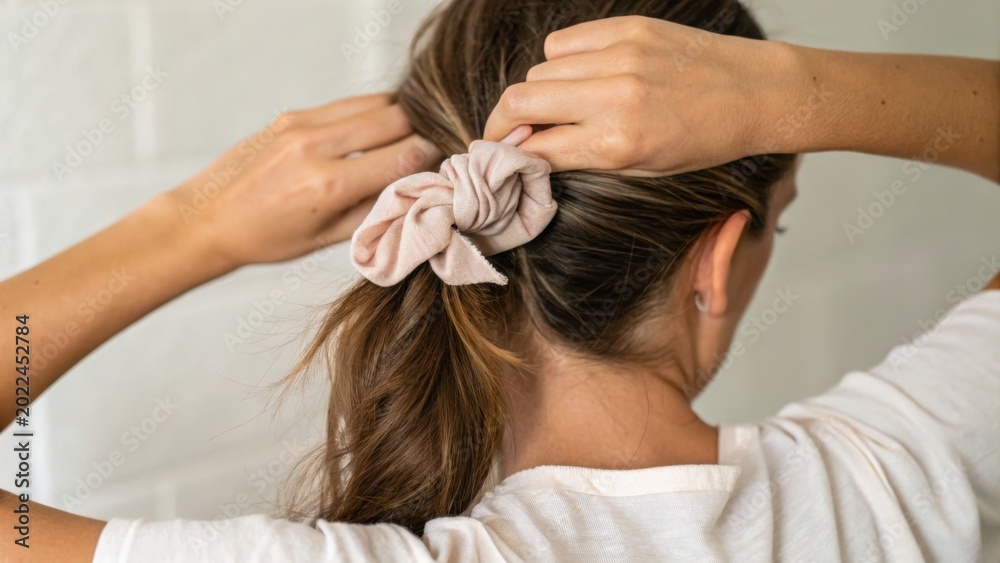 Fototapeta premium Woman tying her hair with a fabric scrunchie, seen from behind, showcasing casual hairstyle and relaxed posture.