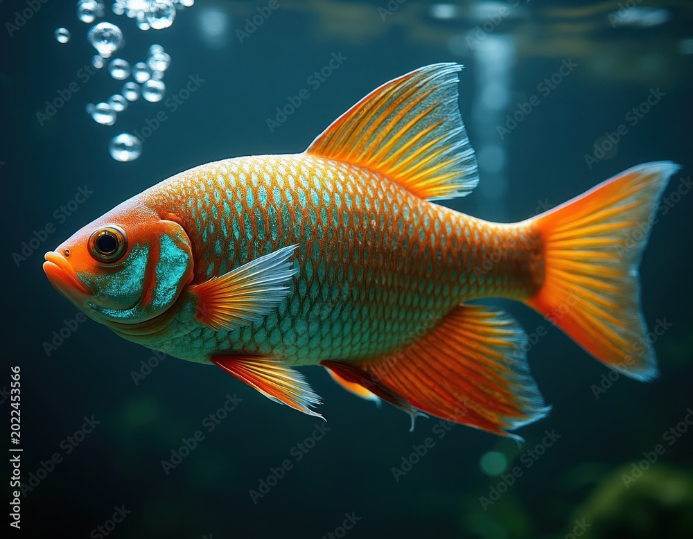 Fototapeta premium Bright orange and blue fish swims in dark blue water near bubbles. Aquatic life in ocean deep. This small colorful animal has scales fins and tail.