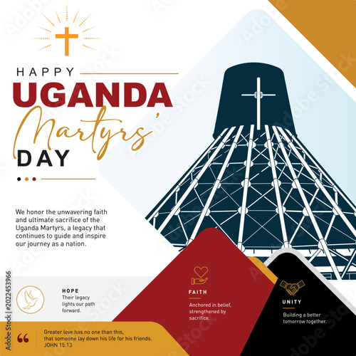 Creative vector illustration for Uganda Martyrs’ Day showcasing the iconic Namugongo shrine, bold corporate typography, patriotic Ugandan colors, and inspirational faith-based celebration artwork desi