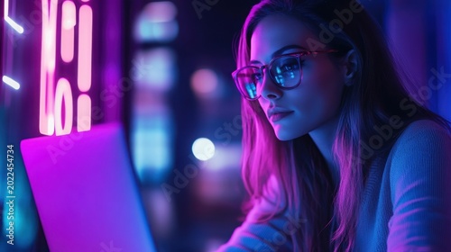 Woman working on laptop wearing glasses in neon lit room with purple and blue ambiance at night