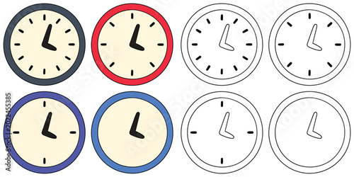 Hand-drawn cartoon and doodle set of clocks on a white background.